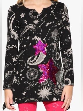 Desigual Kids Chivite Y2K Cosmic Celestial Sequin Tunic Dress Black Size 13/14